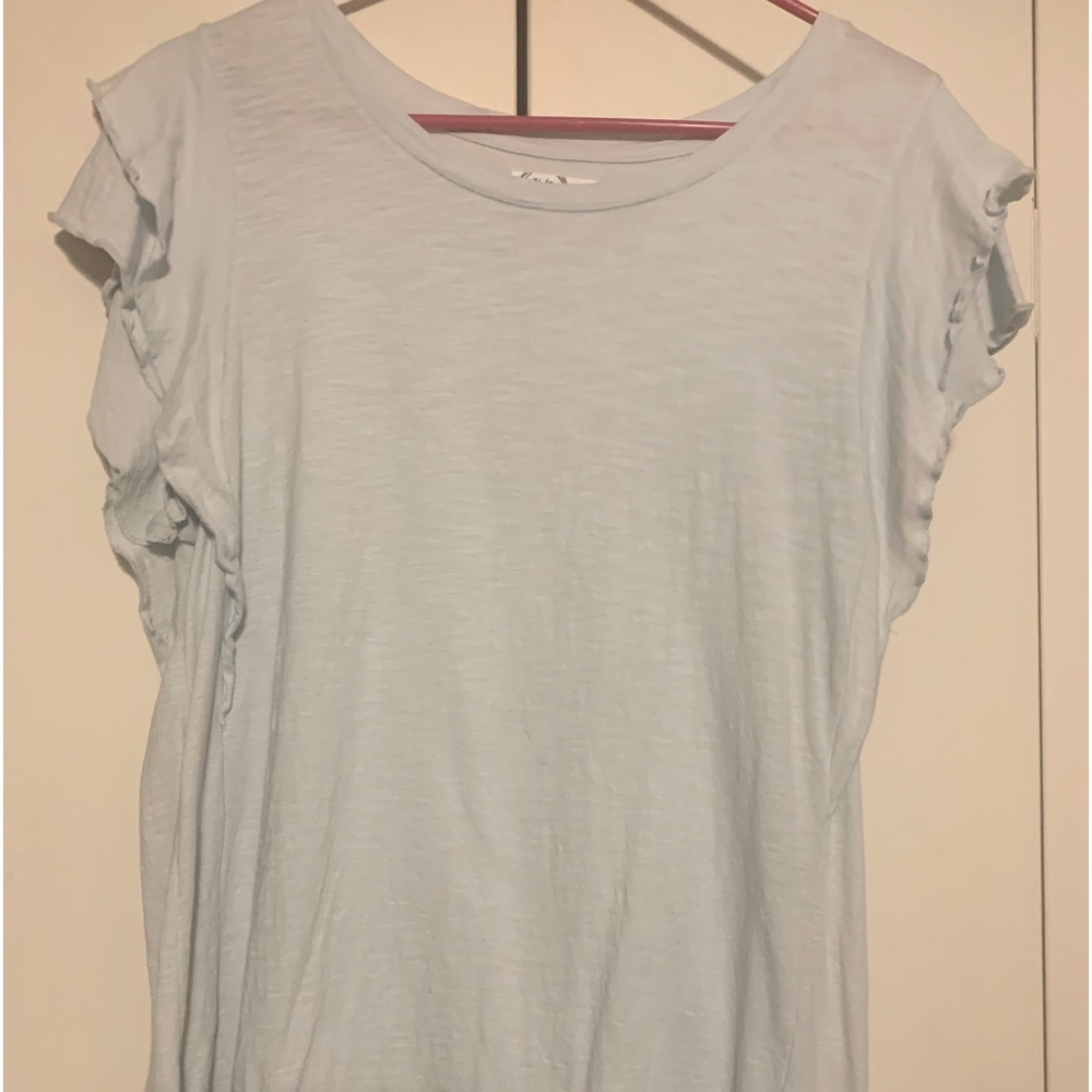 Cute light teal greenish blue top with ruffled cap sleeves